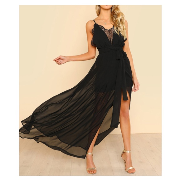 MBM Unlimited Dresses & Skirts - Black Sleeveless Sexy Slit Lace Formal Maxi Dress
